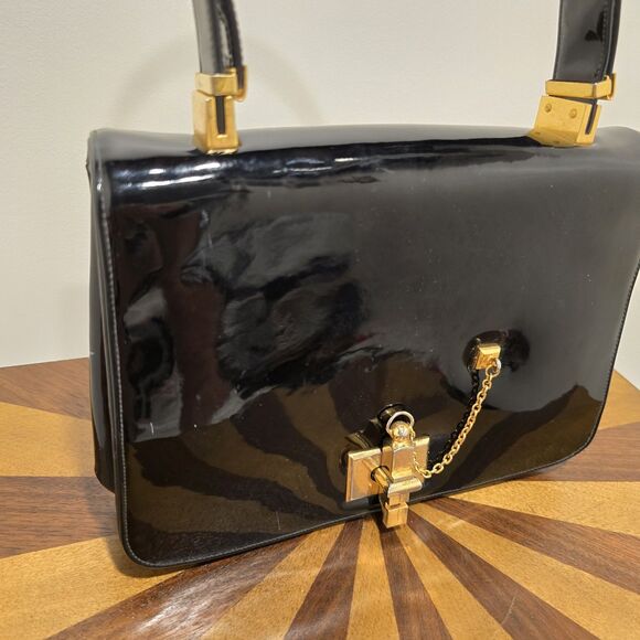 True Vintage 50s 60s Black Patent Leather Handbag Purse Working Whistle Clasp - Picture 2 of 16
